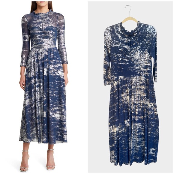 NEW TED BAKER Iggiey Metallic Burnout Midi Dress in Navy, Size 10/M - Picture 1 of 14